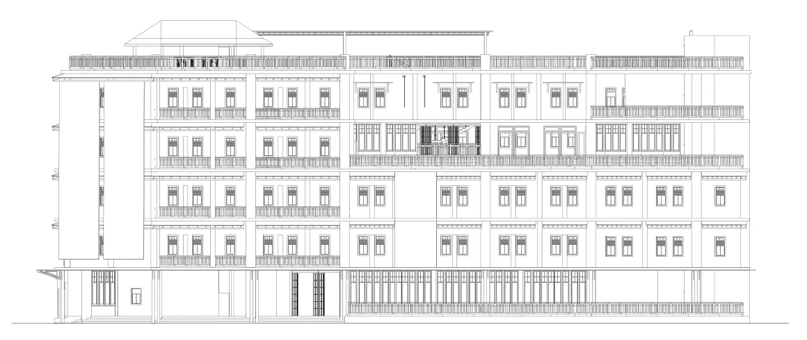 Line elevation drawing of a five-storey building from the portfolio cover